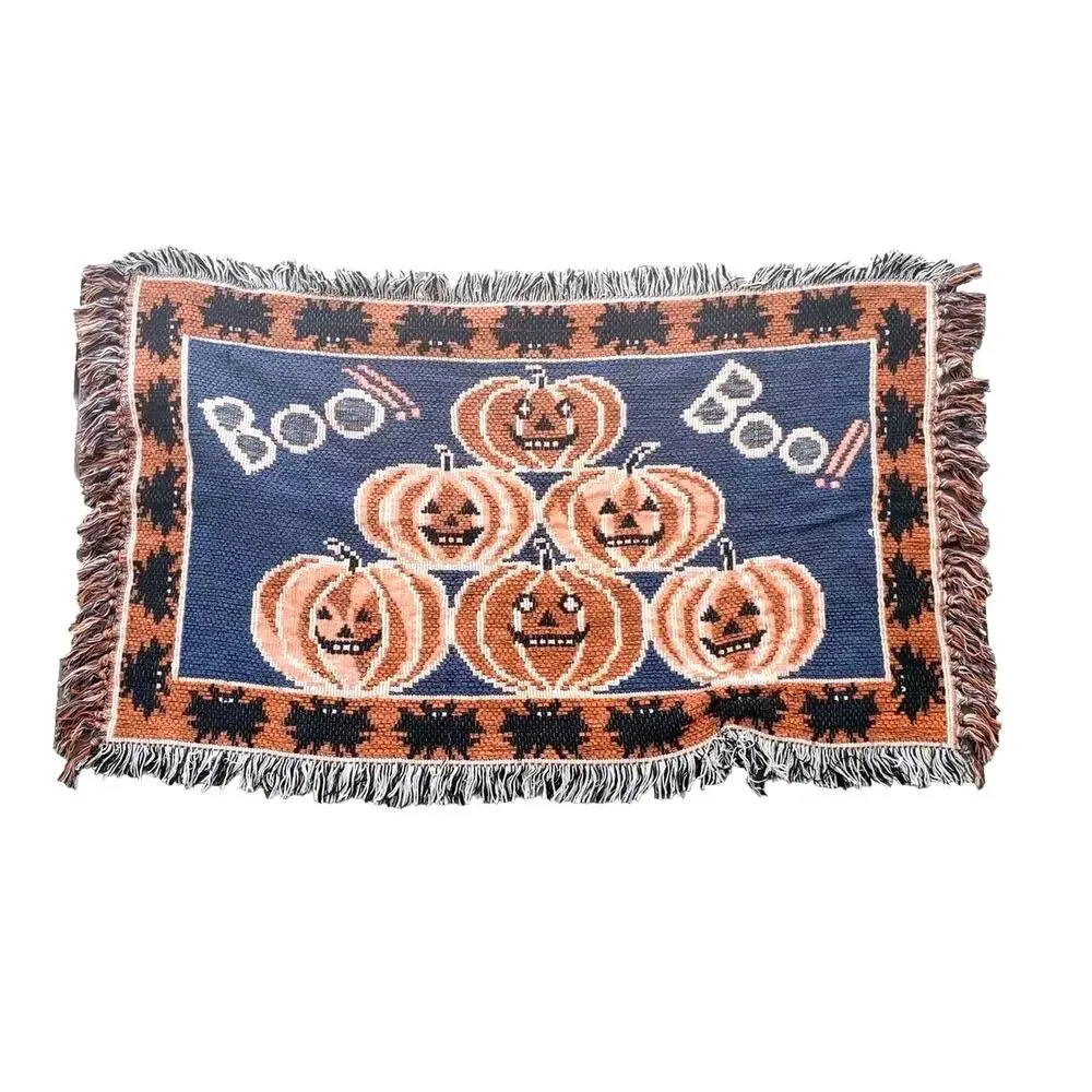 Vintage Halloween Pumpkin & Bats Boo!! Rug Adult's Large Orange & Black Retro